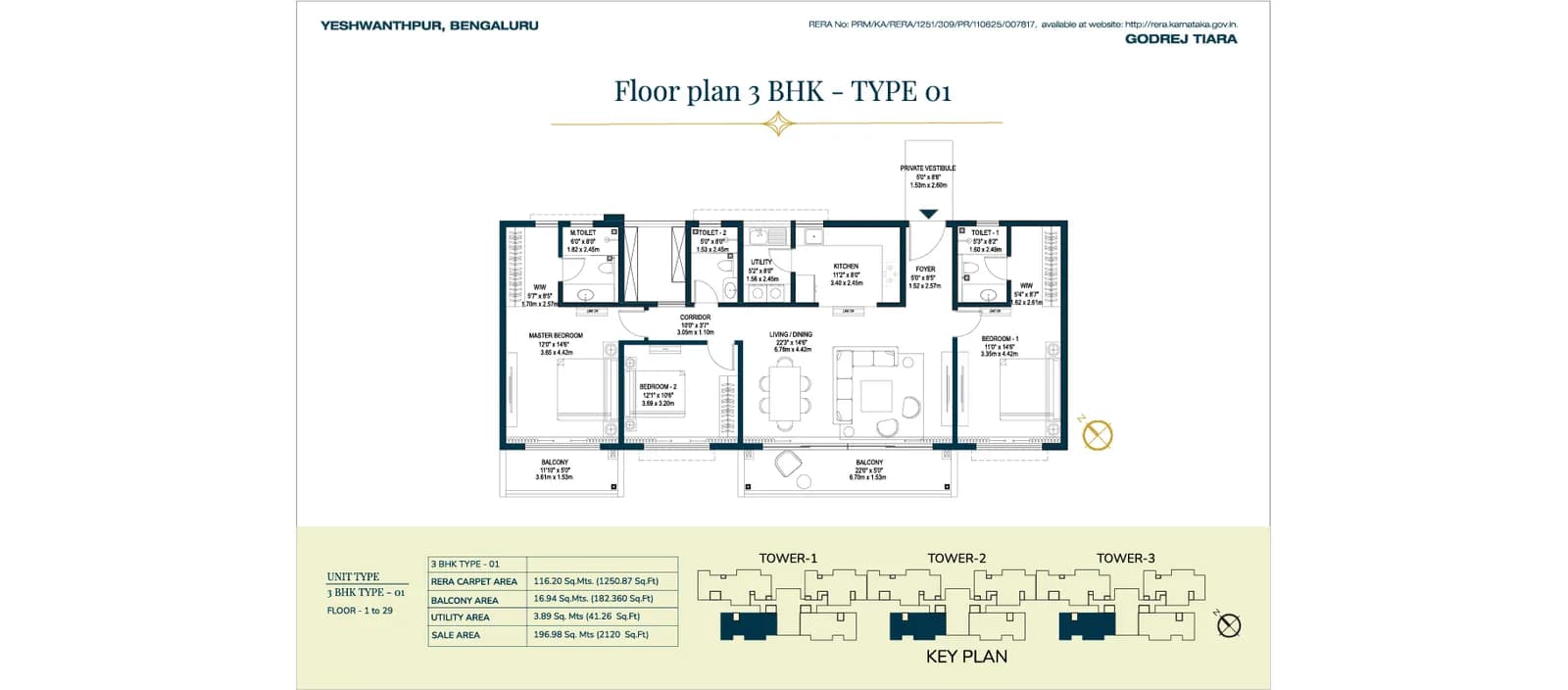 Godrej Tiara floor plan: Unit plan: 3 BHK, type 01