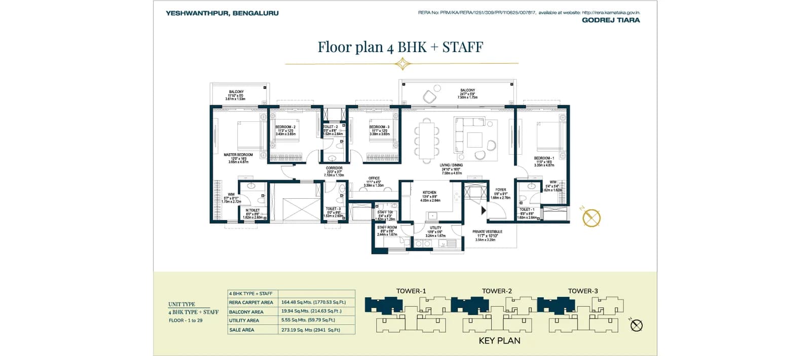 Godrej Tiara floor plan: Unit plan: 4 BHK with staff room