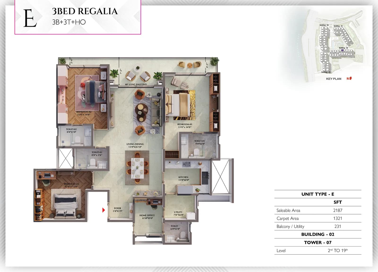 Prestige Raintree Park floor plan: Unit plan: 3 BHK, Regalia type E (furnished layout, for illustration)