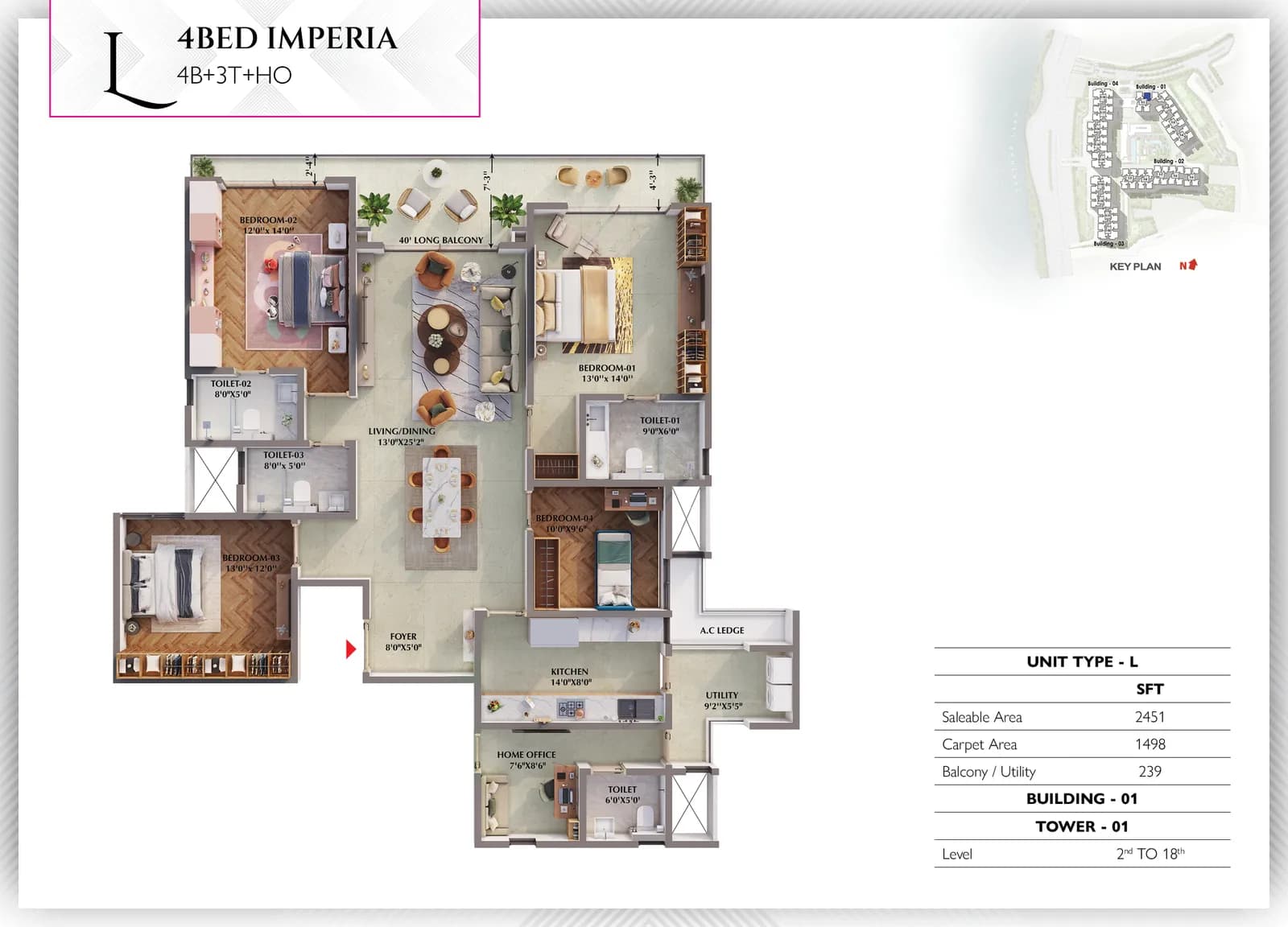 Prestige Raintree Park floor plan: Unit plan: 4 BHK, Imperia type L (furnished layout, for illustration)
