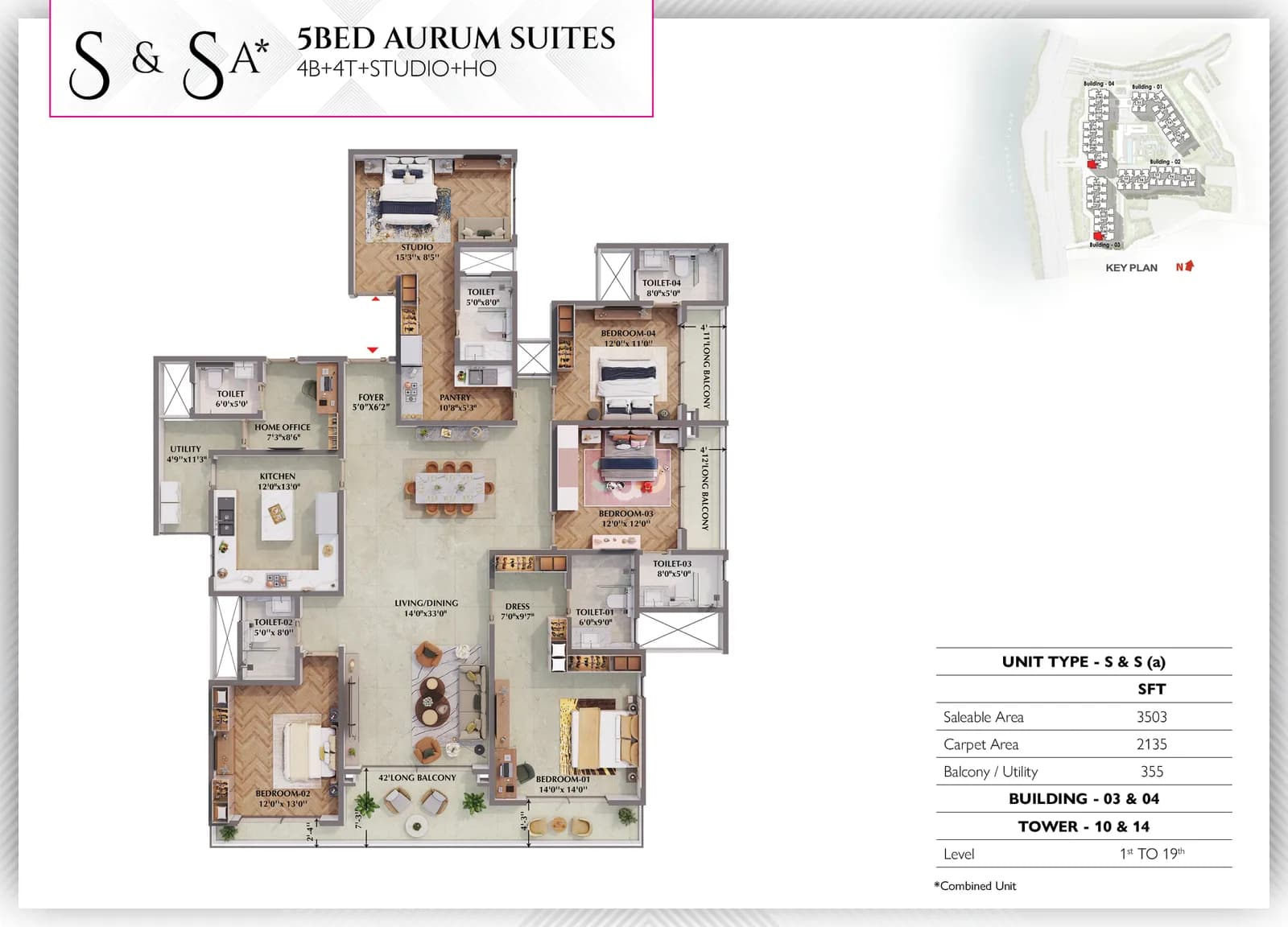Prestige Raintree Park floor plan: Unit plan: 5 BHK, Aurum Suites type S & Sa (furnished layout, for illustration)
