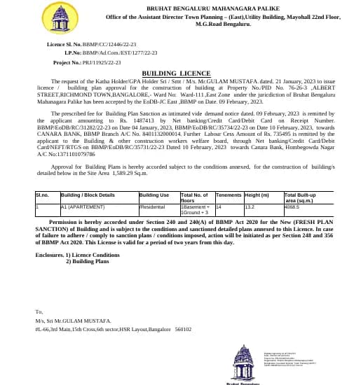 GM Palazzo: Existing Layout Plan (filed with Karnataka RERA)