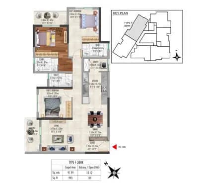 Lakeside 24 floor plan: TYPE F - 3 BHK floor plan