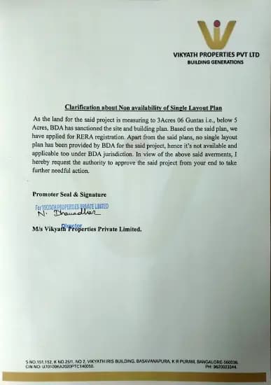 Vikyath Signature: Single Layout plan Non availability (filed with Karnataka RERA)