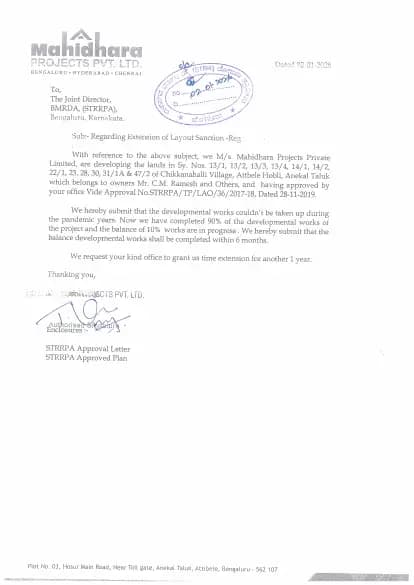 Mahidhara CMR PPR Fortune City: Application for Extension layout plan (filed with Karnataka RERA)