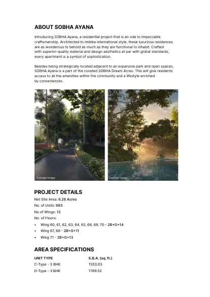SOBHA Ayana at Dream Acres Wing 60 to 71: Brochure, page 2 (filed with Karnataka RERA)