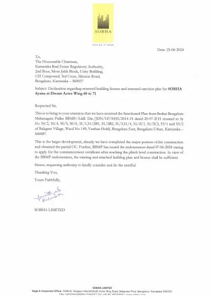 SOBHA Ayana at Dream Acres Wing 60 to 71: Renewed BL & Sanctioned PLan - Ayana - (filed with Karnataka RERA)