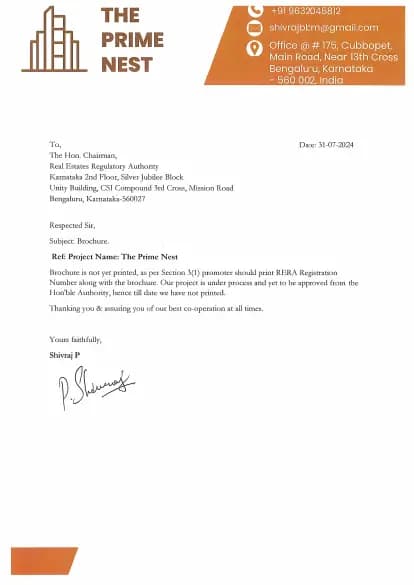 The Prime Nest: Brochure (filed with Karnataka RERA)