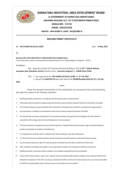 LivingTree by Kalyani Developers: Building plan permit, page 1 (filed with Karnataka RERA)