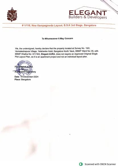 Elegant Aura: 32 Original Single layout plan not required (filed with Karnataka RERA)