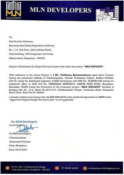 MLN Enclave: TCP Single Layout Plan (filed with Karnataka RERA)