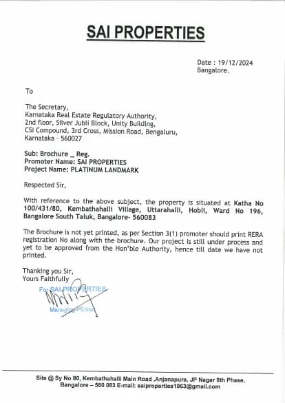 Platinum Landmark: Brochure (filed with Karnataka RERA)