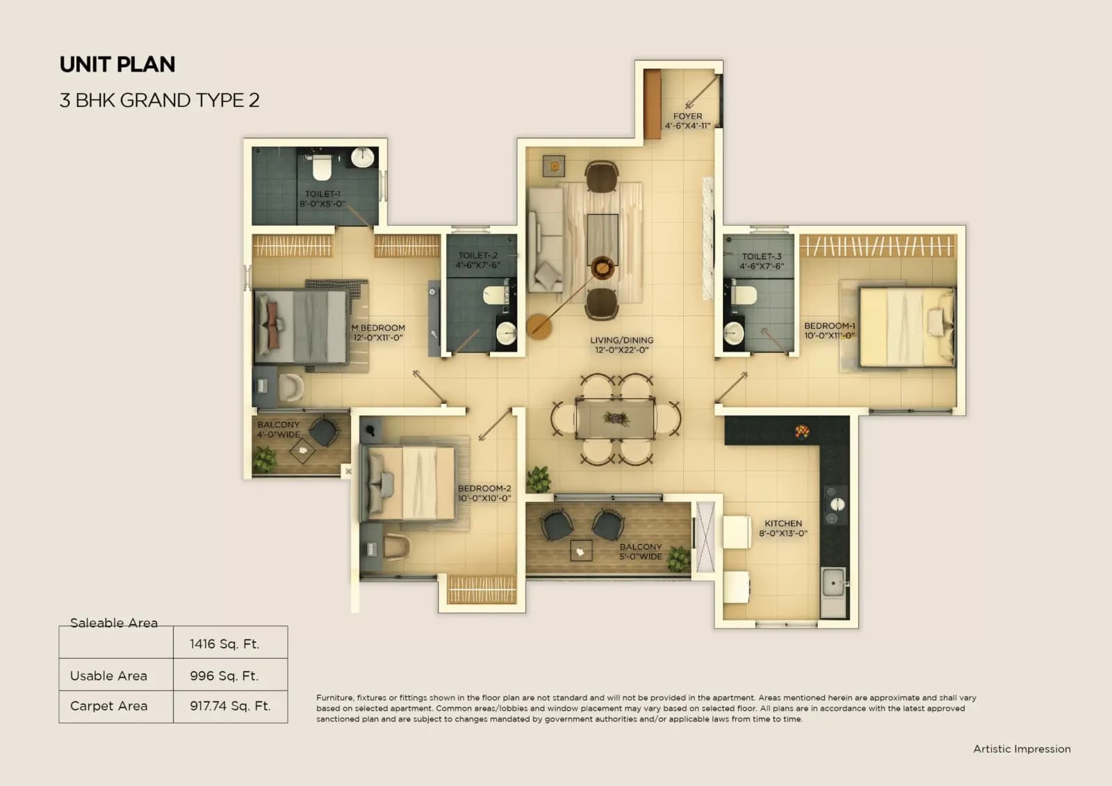 Provident Ecopolitan floor plan: 3 BHK Grand floor plan - Type 2