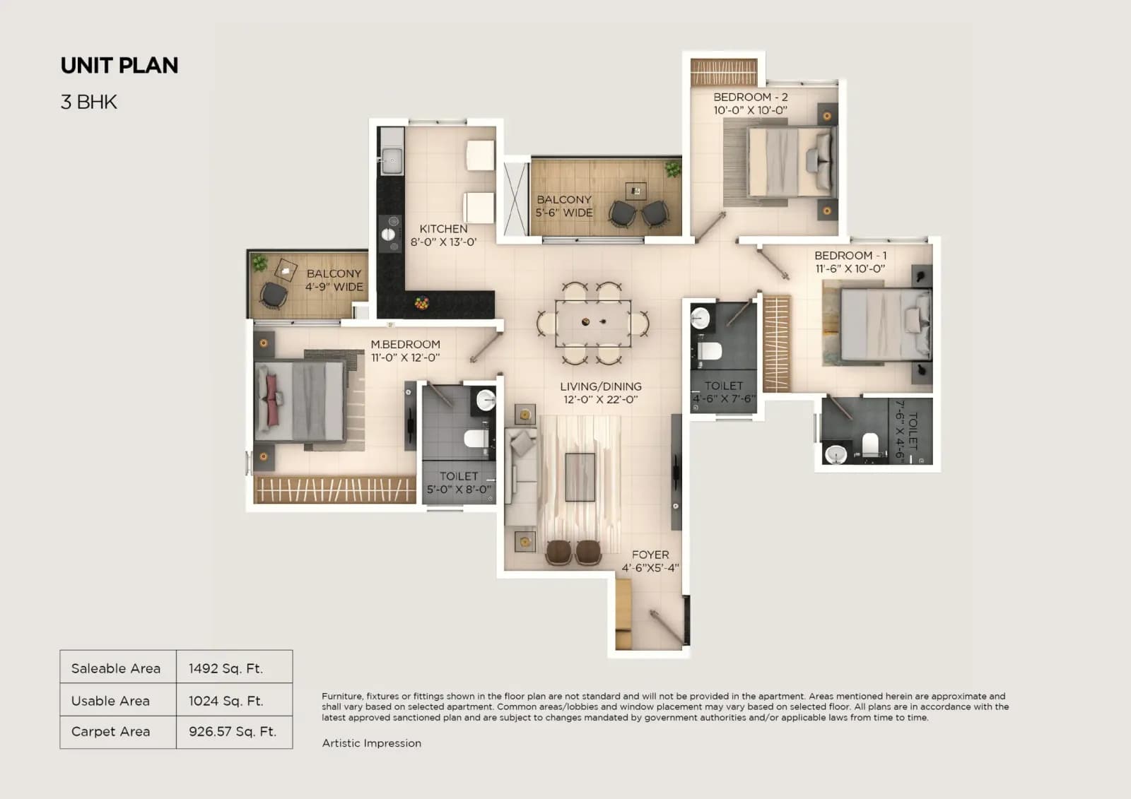 Provident Ecopolitan floor plan: 3 BHK standard floor plan