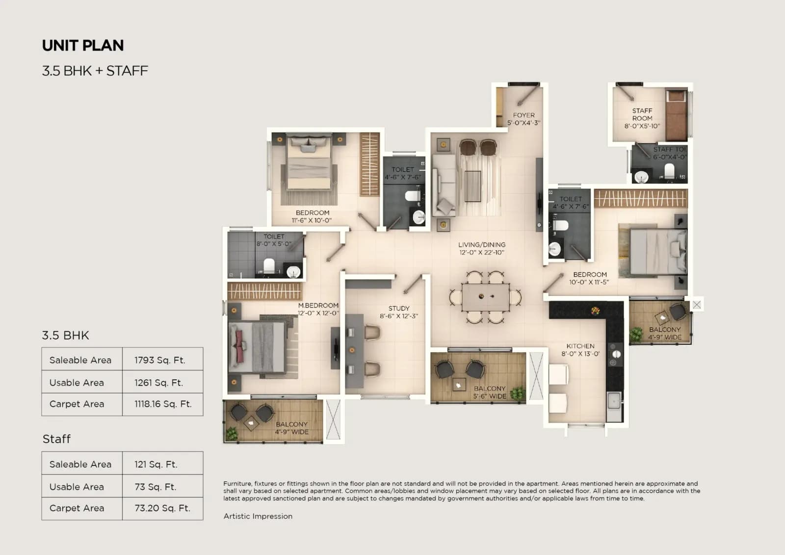 Provident Ecopolitan floor plan: 3.5 BHK with Staff Room floor plan