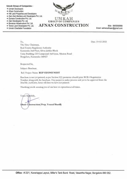 KGF Ozone Nest: Brochure (filed with Karnataka RERA)