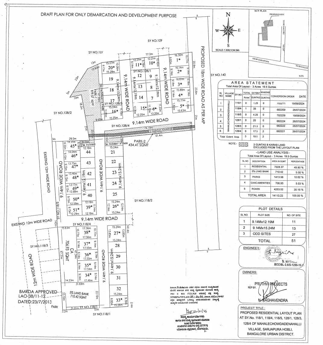 Pruthvi Evara: Approved Layout Plan/Demarcation Plan (filed with Karnataka RERA)