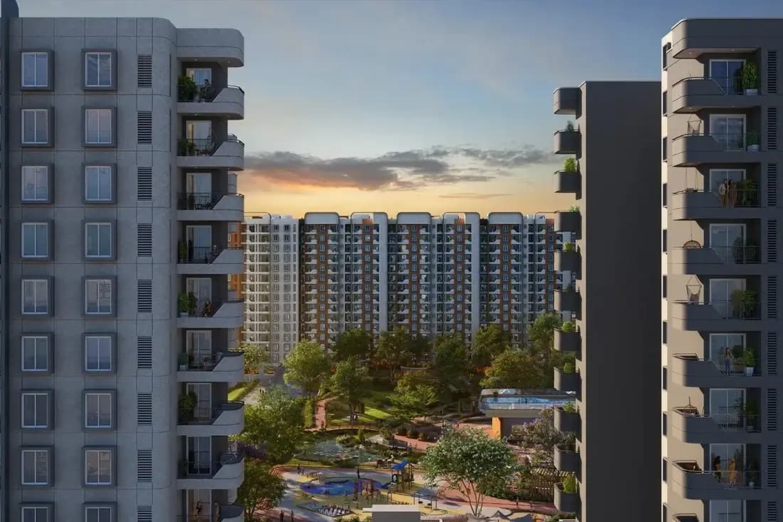 Sattva Vasanta Skye: Project aerial view showing towers and open spaces (artist’s impression)