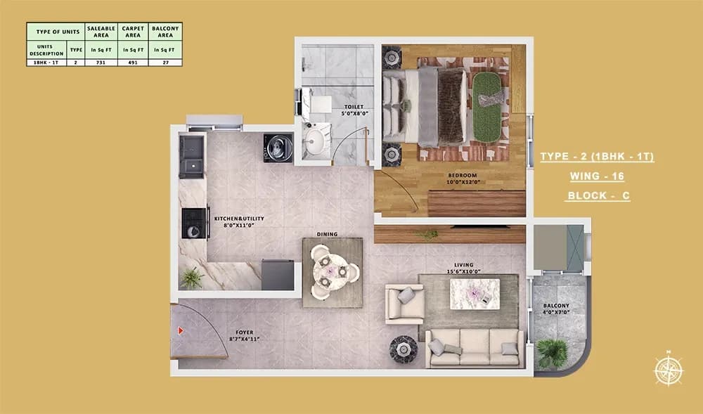 Sattva Vasanta Skye floor plan: Block C Type 2 - 1BHK floor plan