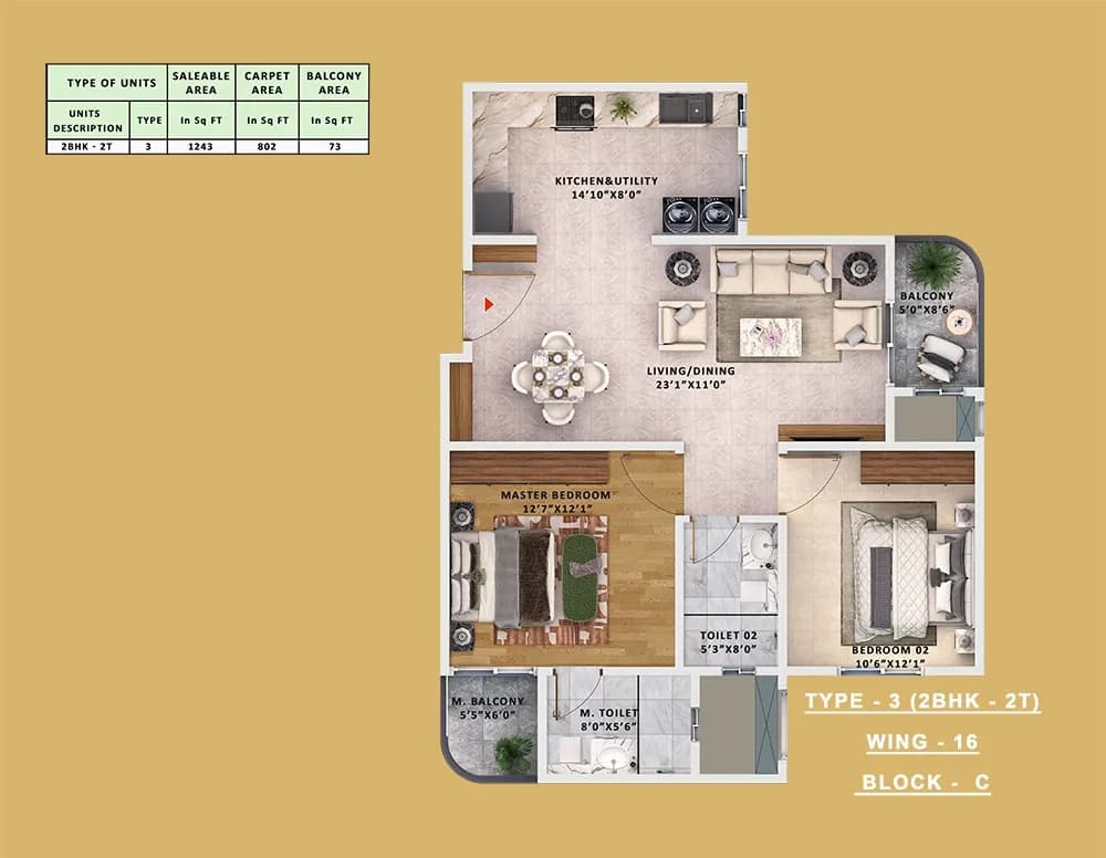 Sattva Vasanta Skye floor plan: Block C Type 3 - 2BHK floor plan
