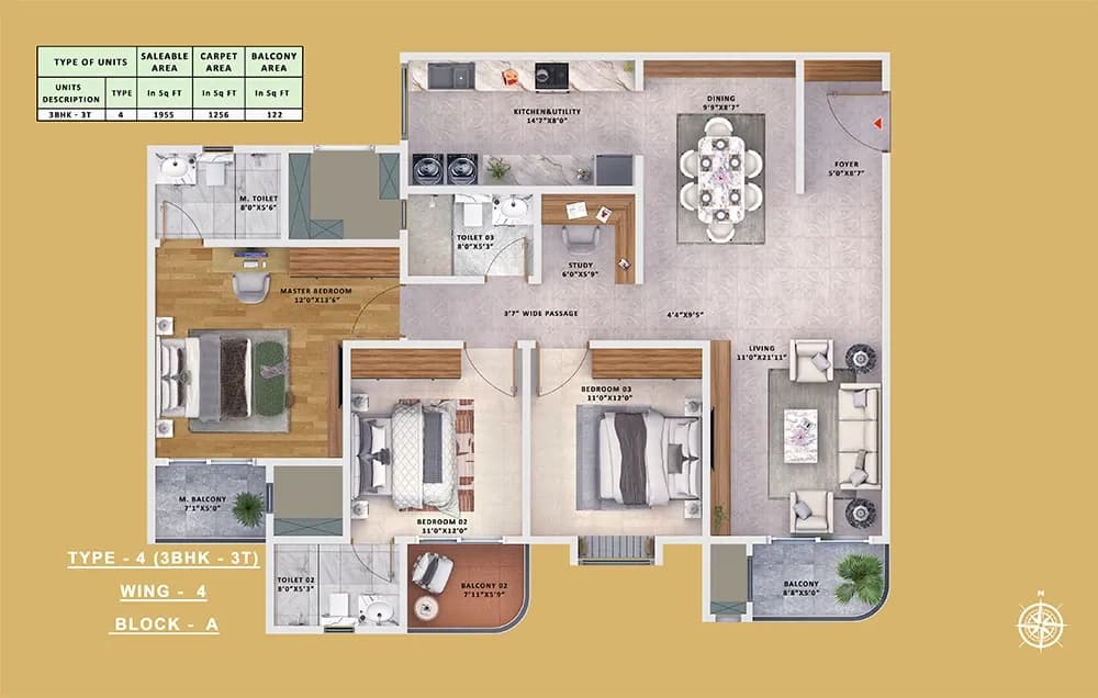 Sattva Vasanta Skye floor plan: Block A Type 4 - 3BHK floor plan