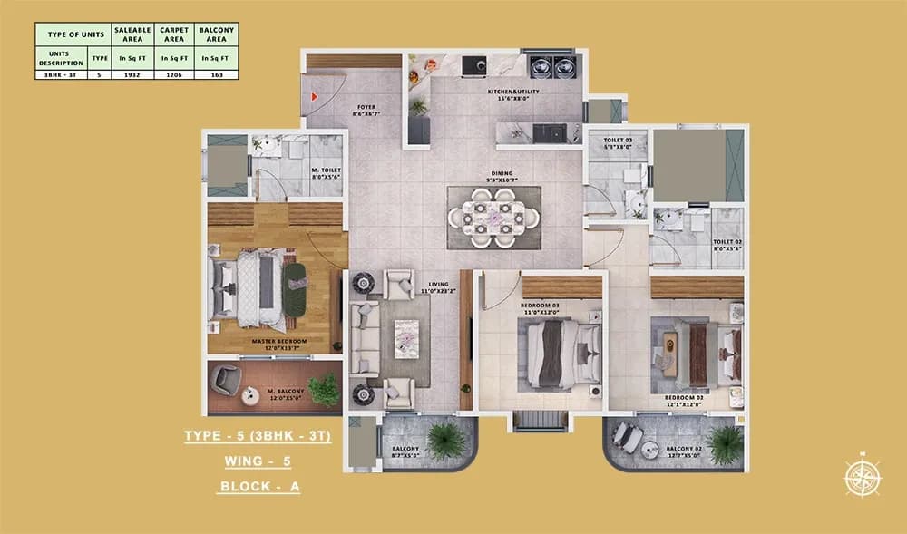 Sattva Vasanta Skye floor plan: Block A Type 5 - 3BHK floor plan
