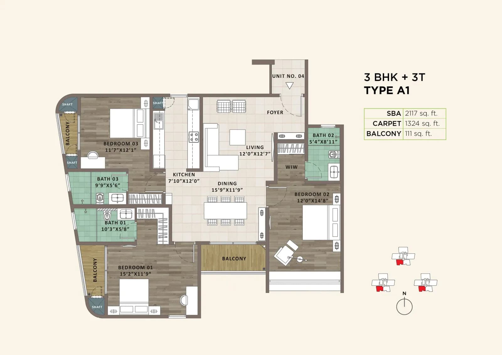 Sattva Aaranya floor plan: 3 BHK floor plan A1