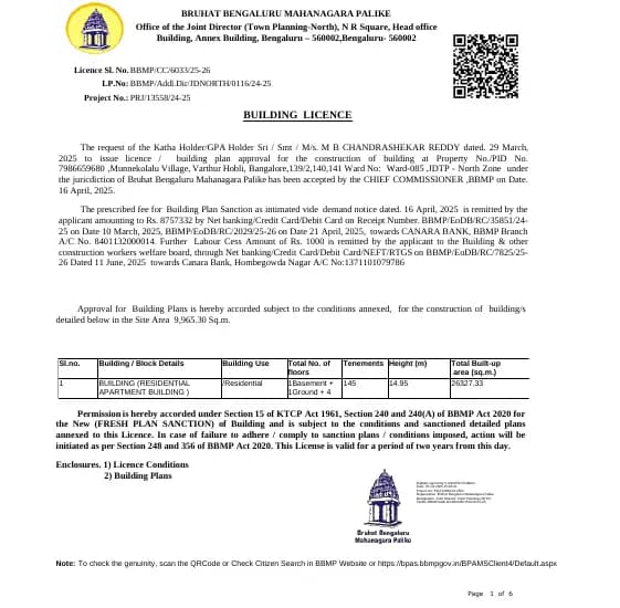Saideep Hiranya: Approved Building Plan, page 1 (filed with Karnataka RERA)