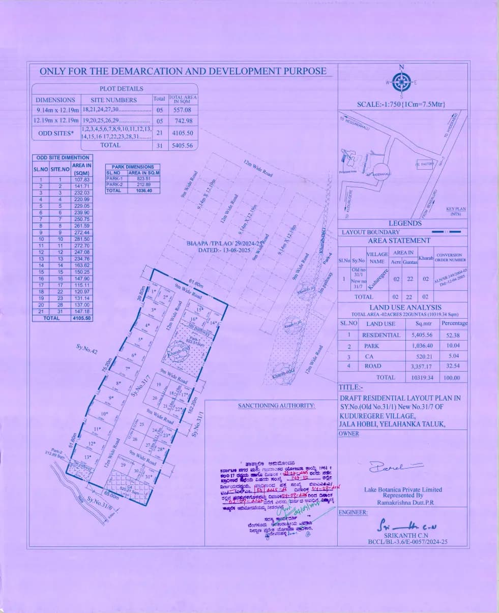 Lake Botanica: Approved Layout Plan/Demarcation Plan (filed with Karnataka RERA)
