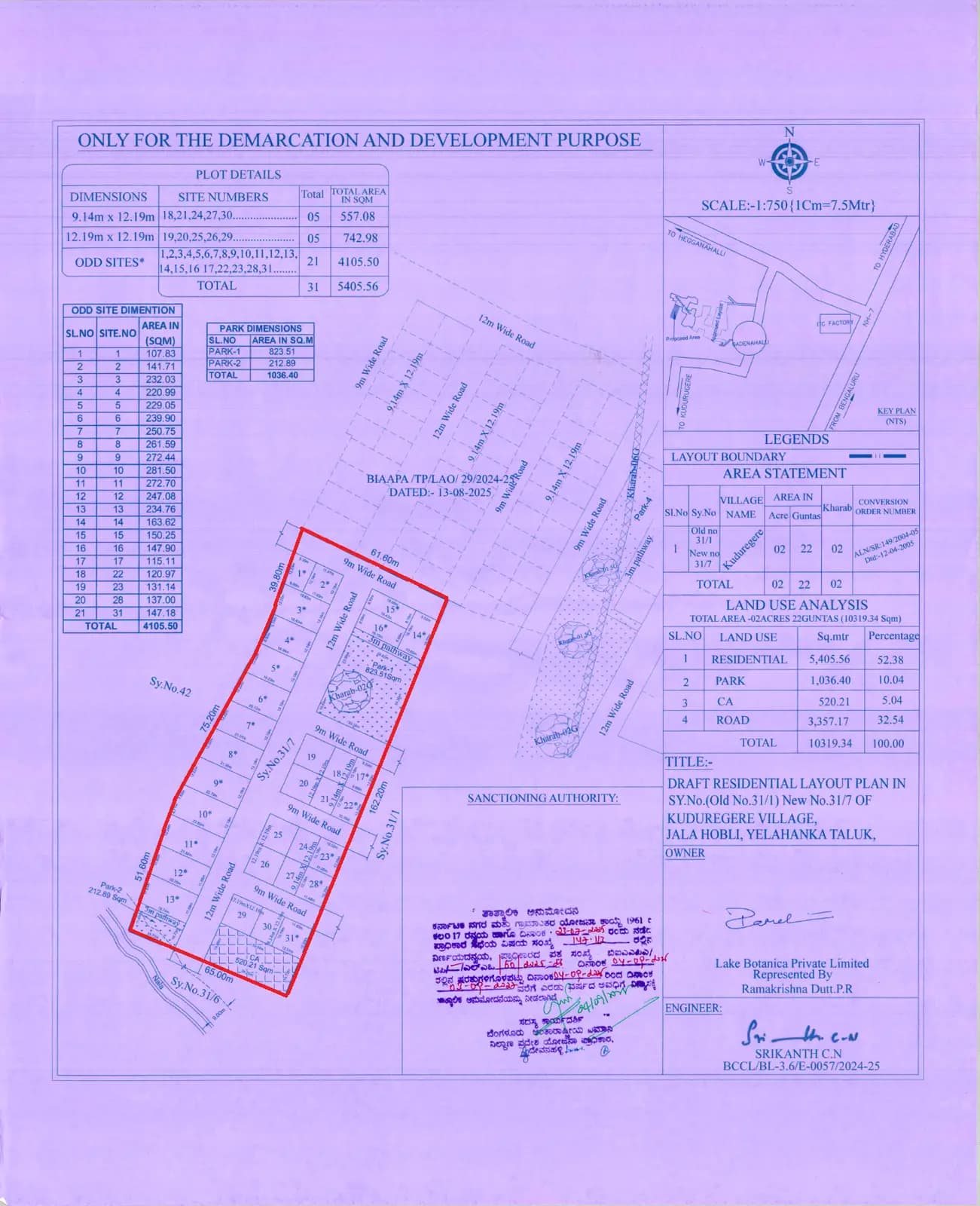 Lake Botanica: Demarcation - Sanctioned Layout Plan.png (filed with Karnataka RERA)