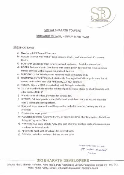 Sri Sai Bharath Towers: Brochure, page 1 (filed with Karnataka RERA)