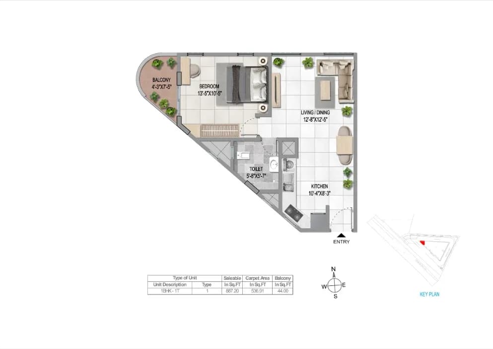 Sattva Vasanta Cove floor plan: 1 BHK south facing floor plan type 1