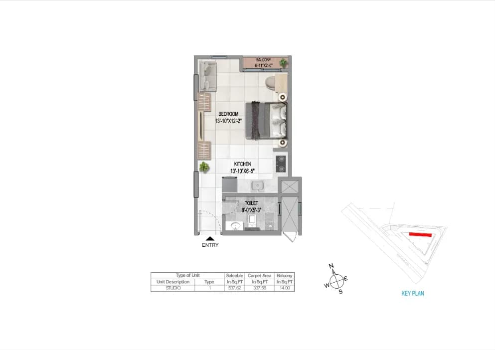 Sattva Vasanta Cove floor plan: Studio south facing floor plan type 1