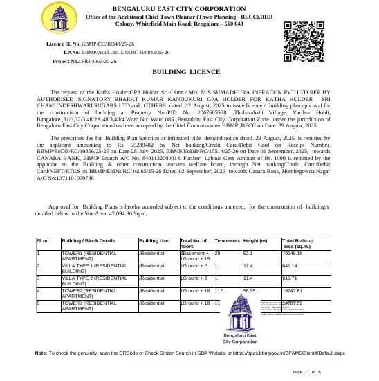 Sumadhura Solace: Approved Building Plan, page 1 (filed with Karnataka RERA)