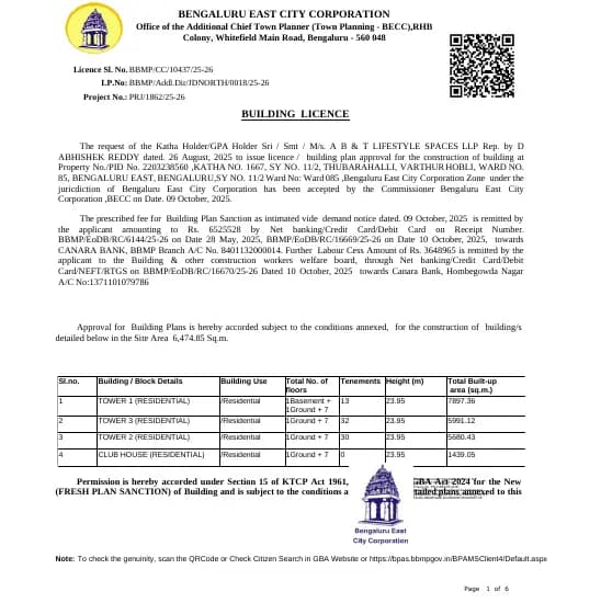 Park Lane: Building Plan License - cc_BBMP_EoDB_CH_18739_25-26.pdf, page 1 (filed with Karnataka RERA)