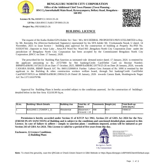 Century Kindle Phase 1: Approved Building Plan, page 1 (filed with Karnataka RERA)