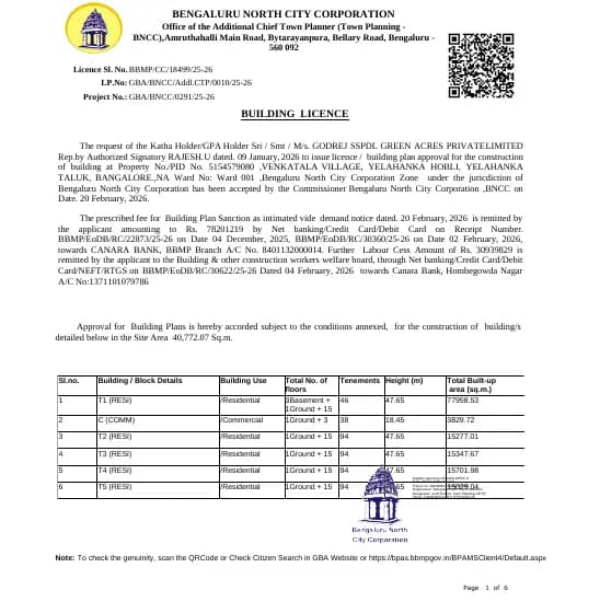 Godrej Aveline: Approved Building Plan, page 1 (filed with Karnataka RERA)