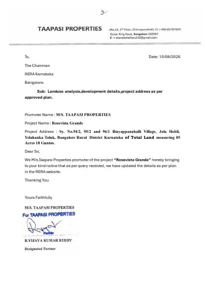 Rosevista Grande: 3) landuse analysis,development details,project address as per approved plan (filed with Karnataka RERA)