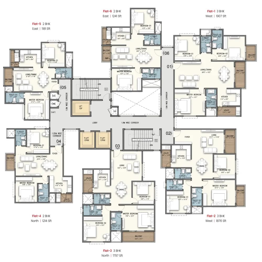 Maithri Springwoods floor plan: Tower 1 floor layout with unit configurations