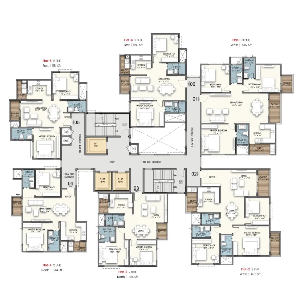 Maithri Springwoods floor plan: Tower 2 & 3 combined floor layout