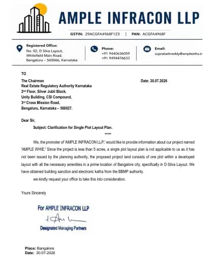 Ample White: SINGLE PLOT LAYOUT PLAN Carification (filed with Karnataka RERA)