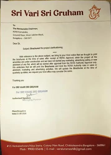 Sri Vaari Residency: Brochure of the Project explanation (filed with Karnataka RERA)