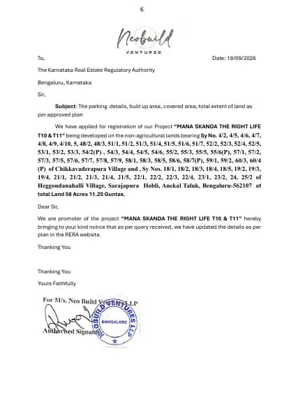Mana Skanda The Right Life T10 & T11: 1) The parking details,built up area,covered area,total axtent of land as per approved plan (filed with Karnataka RERA)