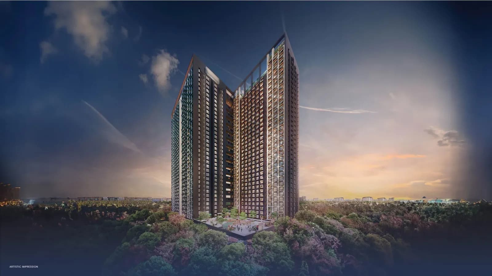 Purva Atmosphere: Purva Atmosphere exterior elevation with residential towers (artist’s impression)