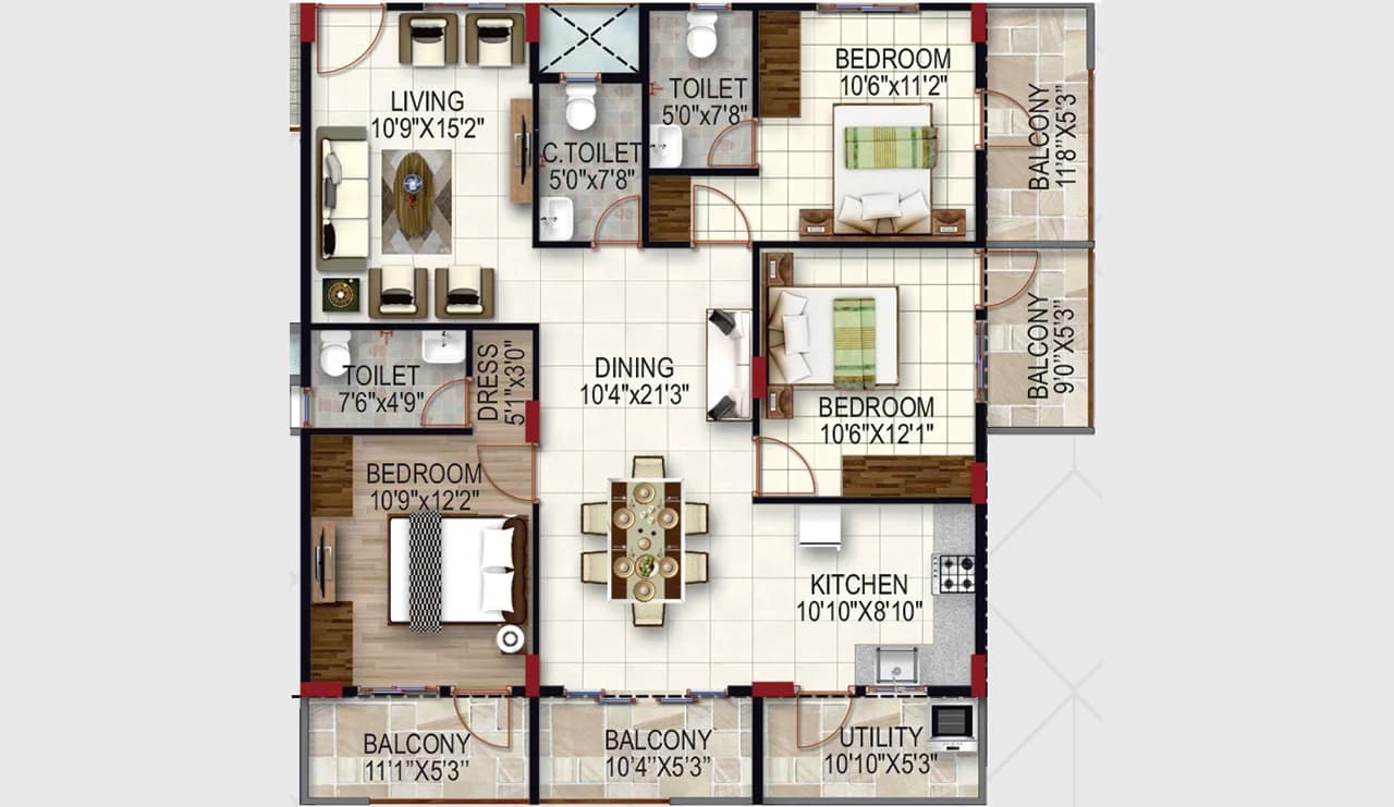 JCSV Pride floor plan: 3 BHK floor plan layout