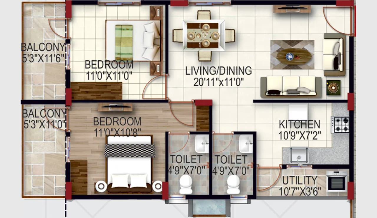 JCSV Pride floor plan: 2 BHK floor plan layout