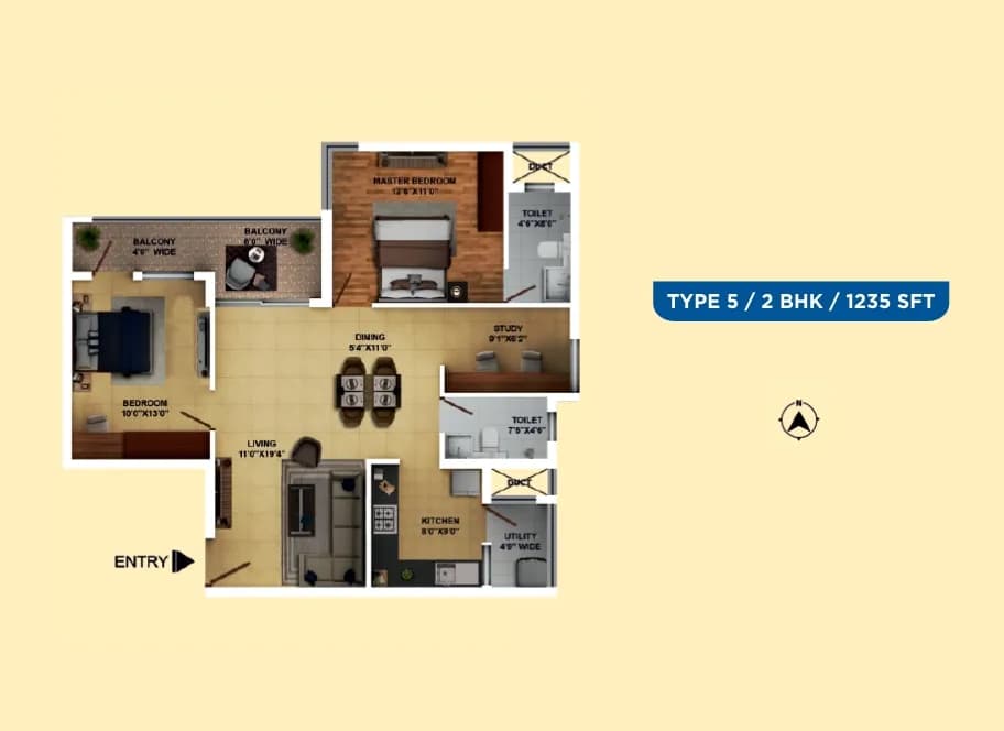 Ramky One Karnival floor plan: 2 BHK West Facing 1235 sq ft floor plan