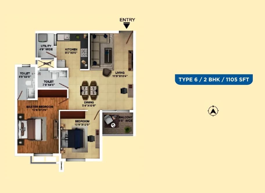 Ramky One Karnival floor plan: 2 BHK North Facing 1105 sq ft floor plan
