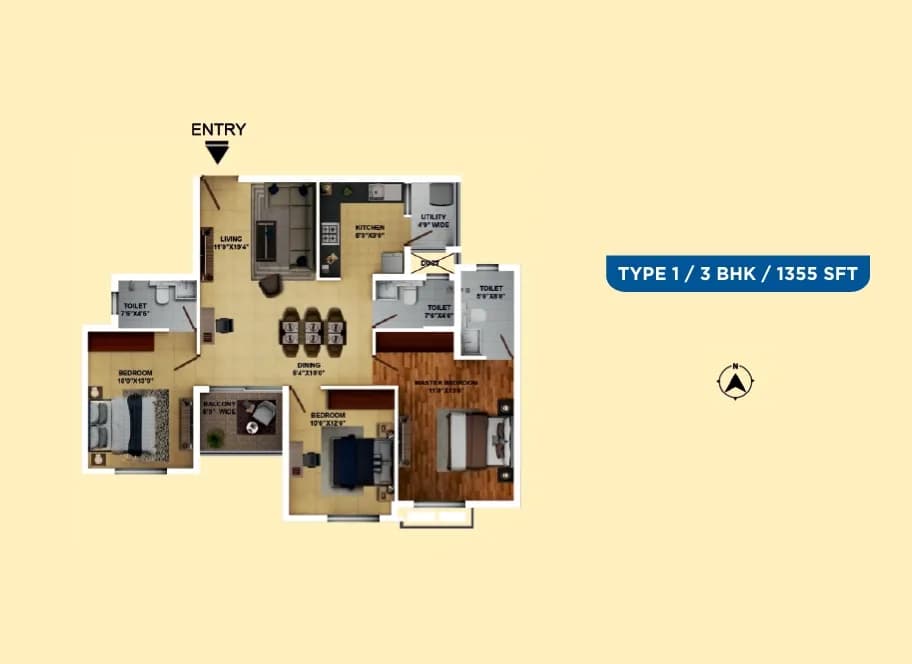Ramky One Karnival floor plan: 3 BHK North Facing 1355 sq ft floor plan