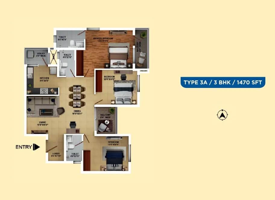 Ramky One Karnival floor plan: 3 BHK West Facing 1470 sq ft floor plan